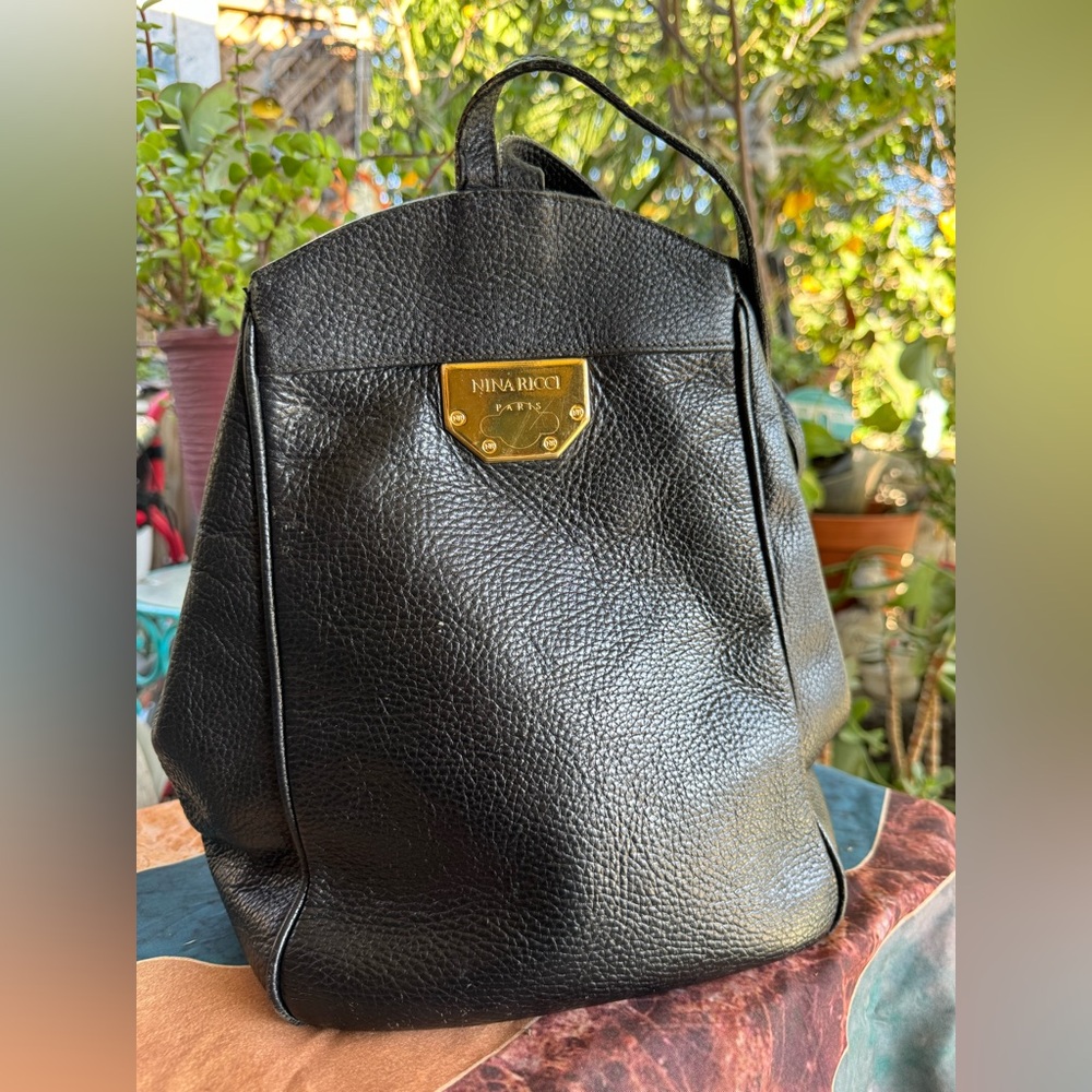 Nina Ricci Black Pebbled Leather Backpack with Gold Plaque